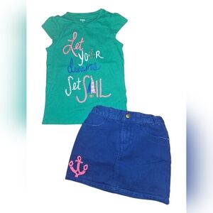 Gymboree Teal Green Top and Royal Blue Skirt Set with Pink Accent
